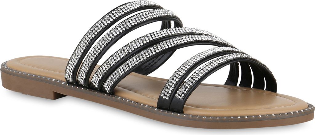 VAN HILL Damen Pantoletten Sandalen Nieten Slip On Schlappen Strass Schuhe 840953, Farbe: Schwarz, Größe: 39