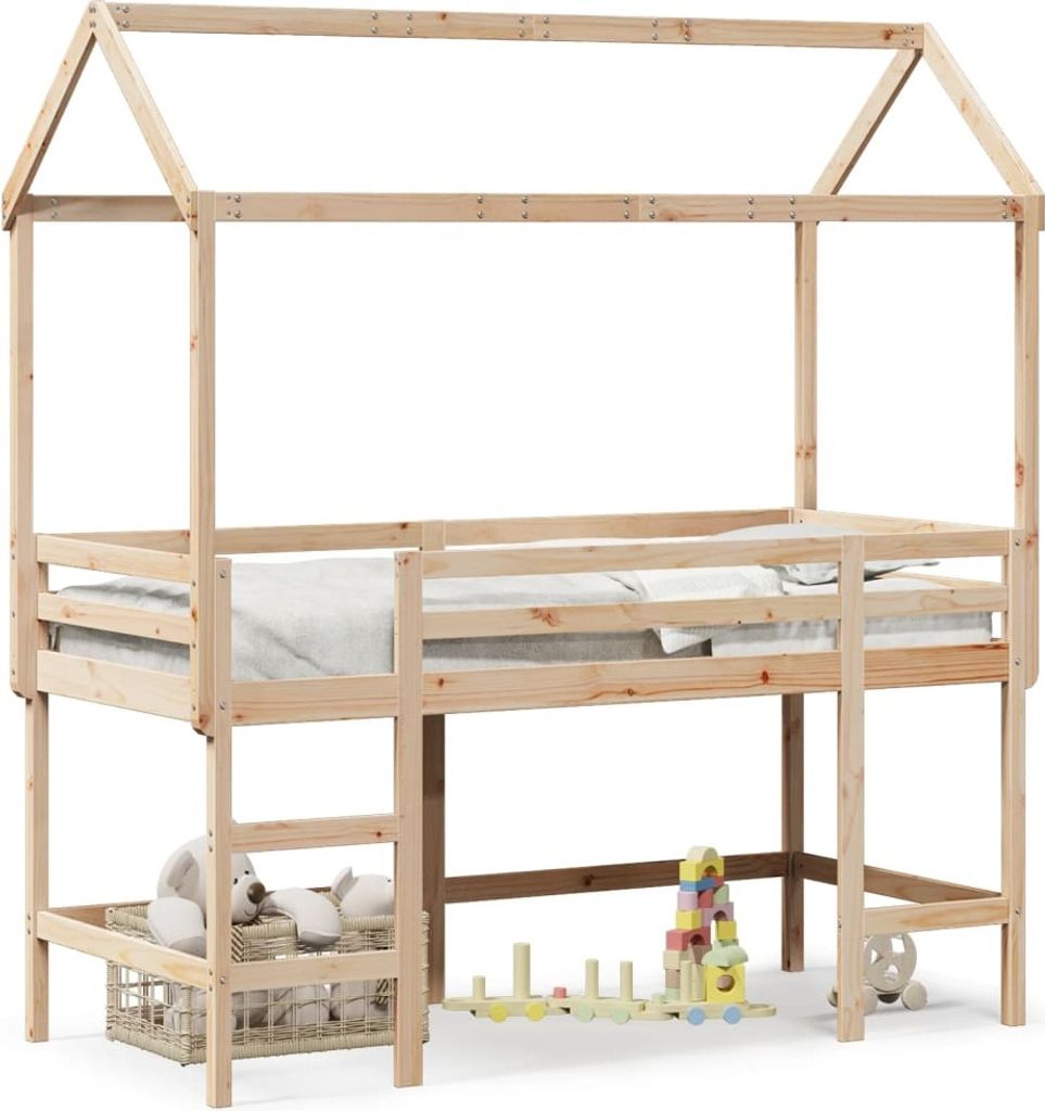vidaXL Hochbett mit Leiter und Dach 90x190 cm Massivholz Kiefer