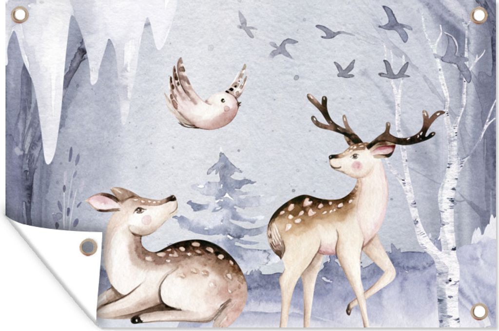 MuchoWow 60x40 cm Outdoor-Poster Gartendeko Sichtschutz Garten Poster für den Garten Winter - Hirsche - Vögel - Schnee