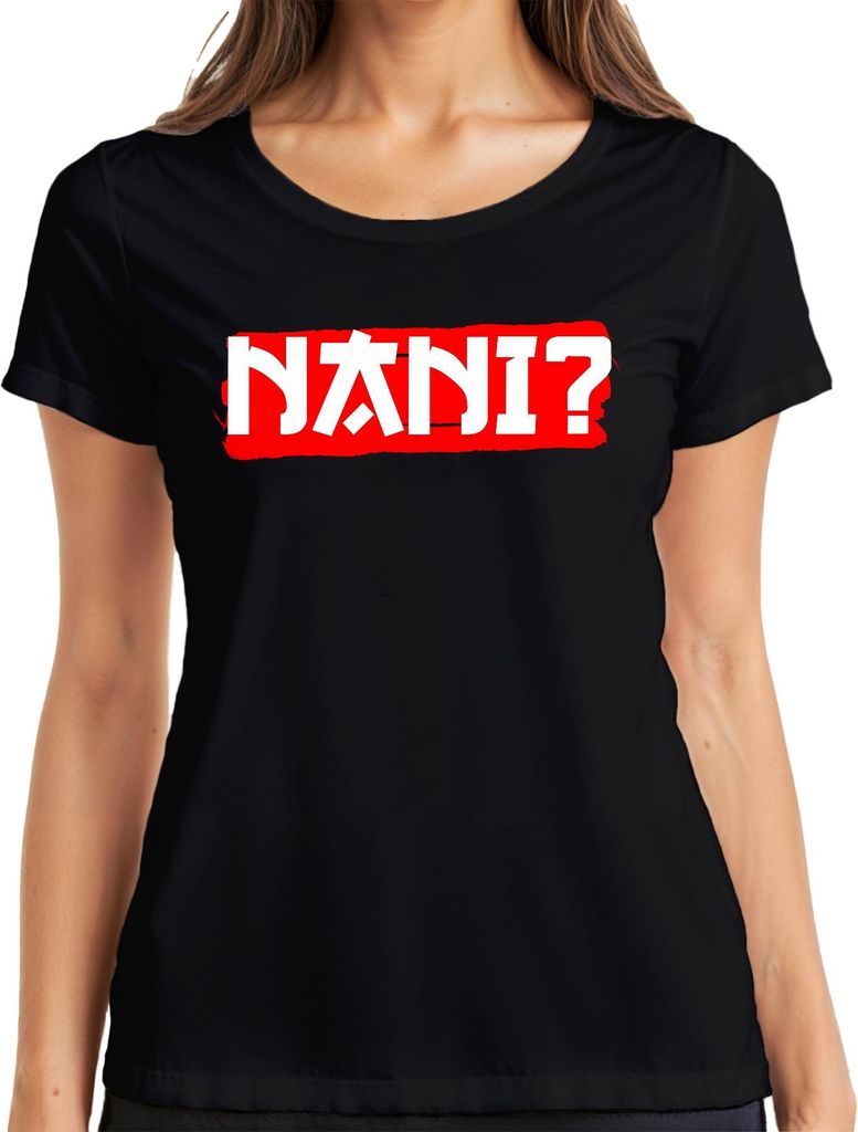 NANI? Anime Otaku Manga Fan Japan Meme Reaktion Popkultur Retro Damen T-Shirt, Schwarz, L