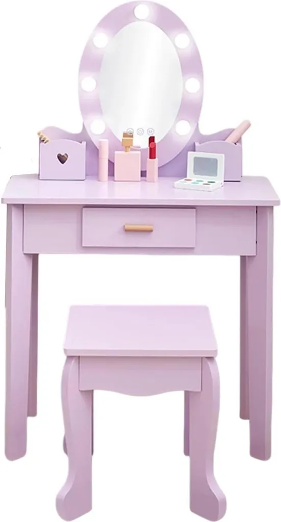 Table de maquillage enfant en bois violette avec miroir de sécurité