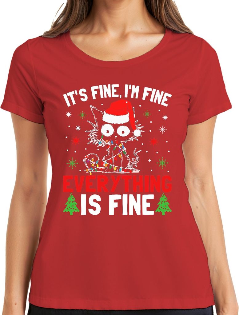 It's Fine I'm Fine Weihnachten Katze Lichter lustig Geschenk Damen T-Shirt, Rot, M