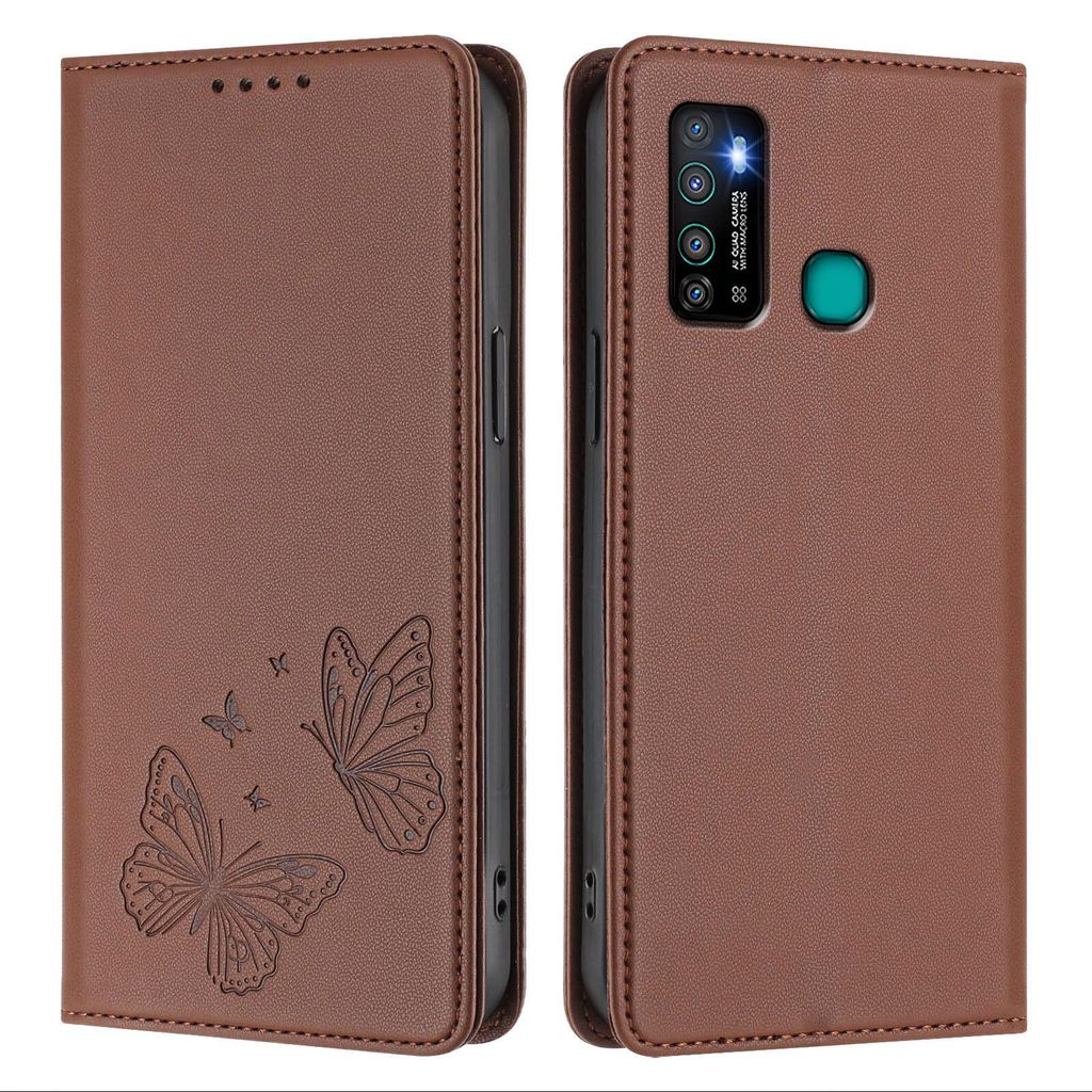 Lederhülle für Tecno Camon 15/15 Air/Infinix Hot 9/Hot 9 Pro, Schmetterling Prägung Leder Brieftasche Schutzhülle mit Ständer Braun