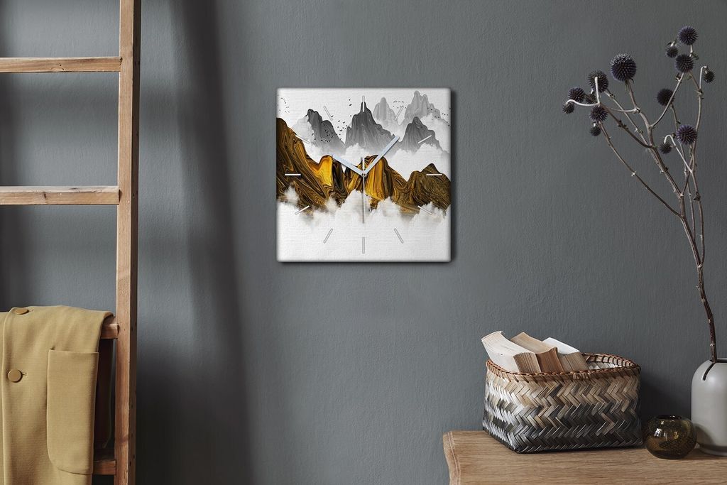 Coloray Hodiny Unikátní 30x30 cm Tiché hodiny Pro obývací pokoj a kuchyň Nástěnné hodiny Plátno Bílé ručičky hodin - Ptáci na horsk...