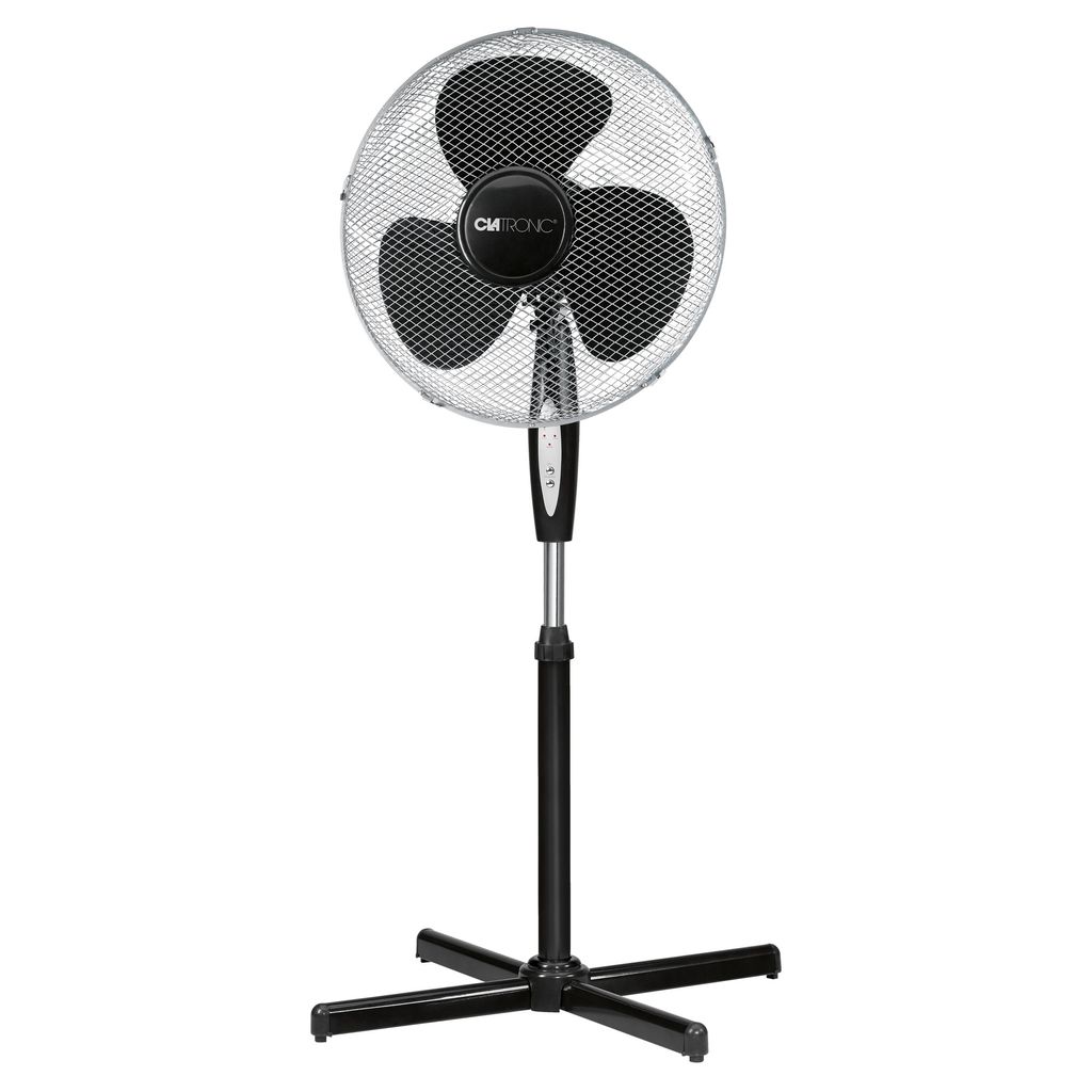 A black and silver stand fan is shown against a white background.