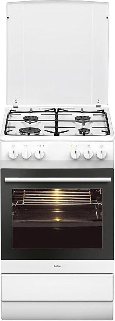 A front view of a white freestanding gas stove with an electric oven.
