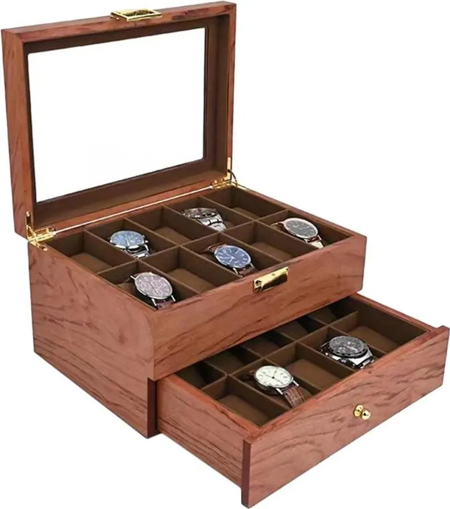 Présentoir montres et bijoux bois de rose pour collectionneur 2 étages