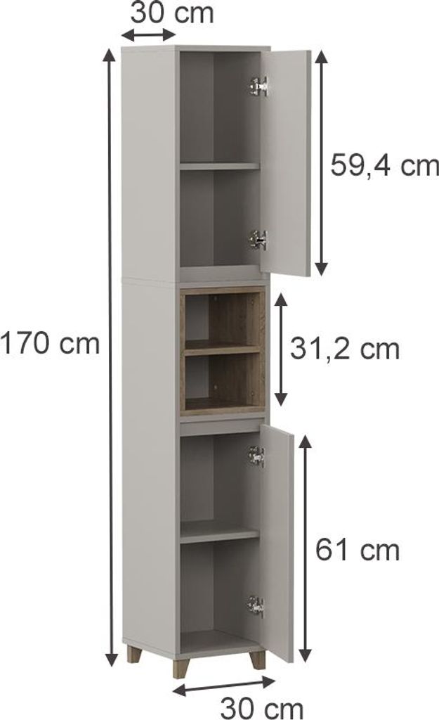 Hochschrank Vicco Elnor Greige 30 x 170 cm mit 2 Türen, Produktbild 