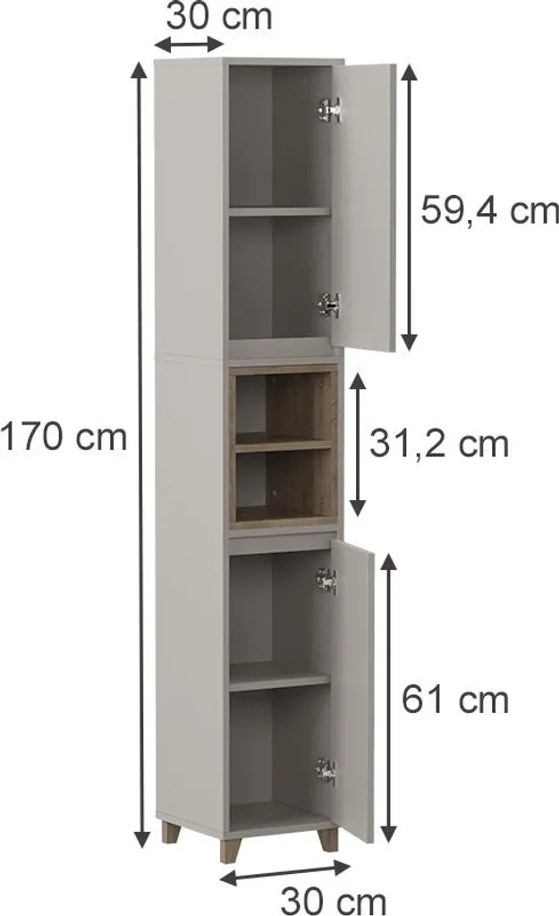 Meuble Haut de Salle de Bain Grège 30x170cm Vicco Elnor Style Moderne