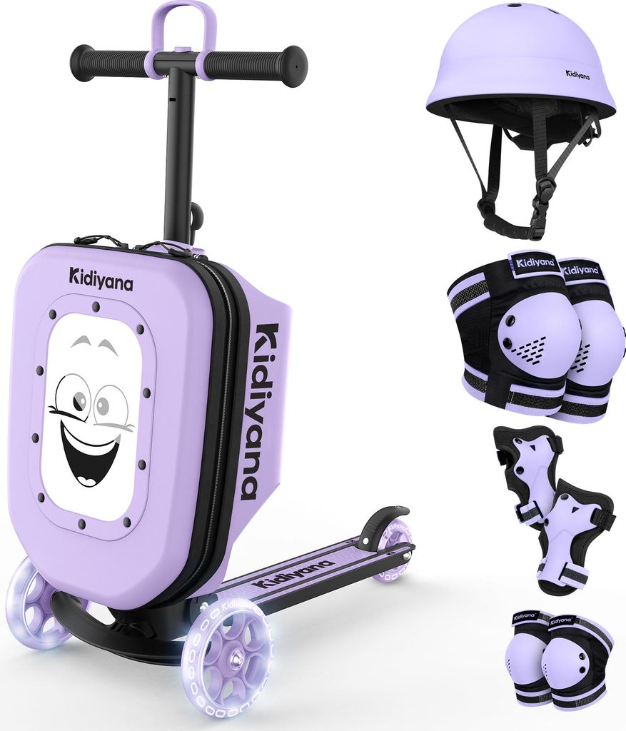 Kidiyana Kinder Scooter mit Koffer Lila + Kinderhelm XS Lila + Schutzausrüstung S – 3er Sicherheits-Set – Roller für Kinder ab 2 Jahren