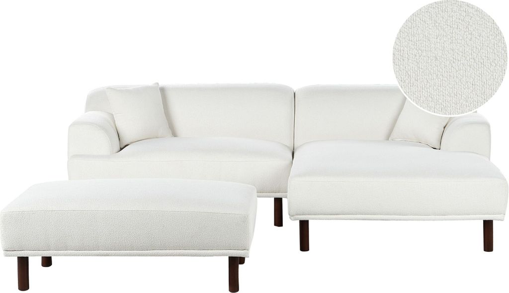 BELIANI Ecksofa mit Ottomane Weiß aus Bouclé Linksseitig 3-Sitzer Gepolstert mit Holzbeinen Minimalistischer Stil Stoffsofa Couch Wohnzimmermöbel