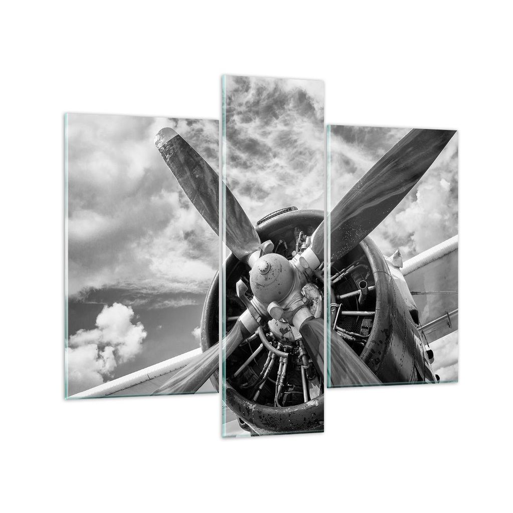 Bilder auf glas - 3 Teile - Motor Schwarzweiß Propeller - 95x80cm - Glasbilder - Wandbilder - Bilder - zum Aufhängen bereit - Wanddekoration aus ...