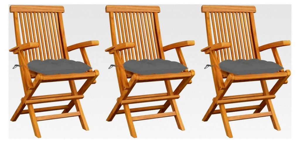 Gartenstühle mit grauen Kissen, Gartenmöbel, Balkonstühle, Hochlehner, Bistrostuhl, 3 Stück Massivholz Teak