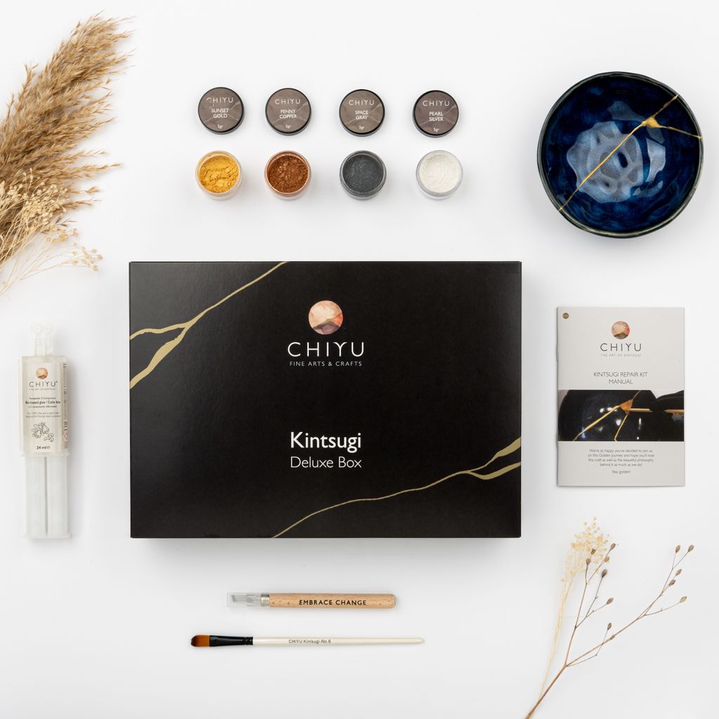 Kintsugi Reparatur Set: Deluxe Box - Gold, Silber & Kupfer – Biobasiert – Lebensmittelecht - Das vollständigste und haltbarste Set