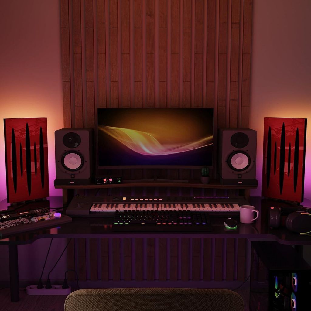 2er-Pack schmale Akustikplatten "PULSAR-mini" mit RGB-Schreibtischlampe | Mobiler Ständer mit LED-Tischfuß | 25 x 50 cm |Rot glänzender Kunststoff