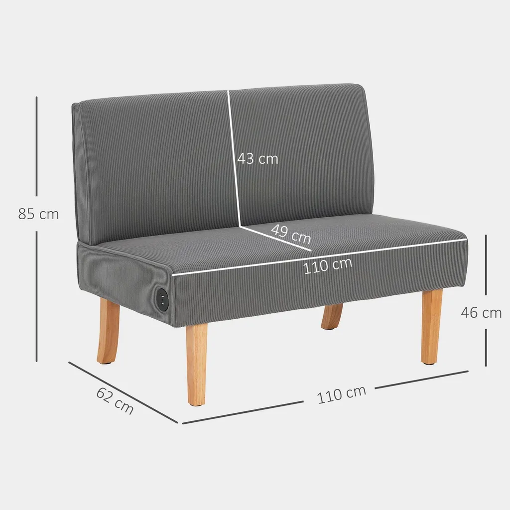 Canapé 2 places USB et Type C intégré - Structure robuste 240 kg Gris