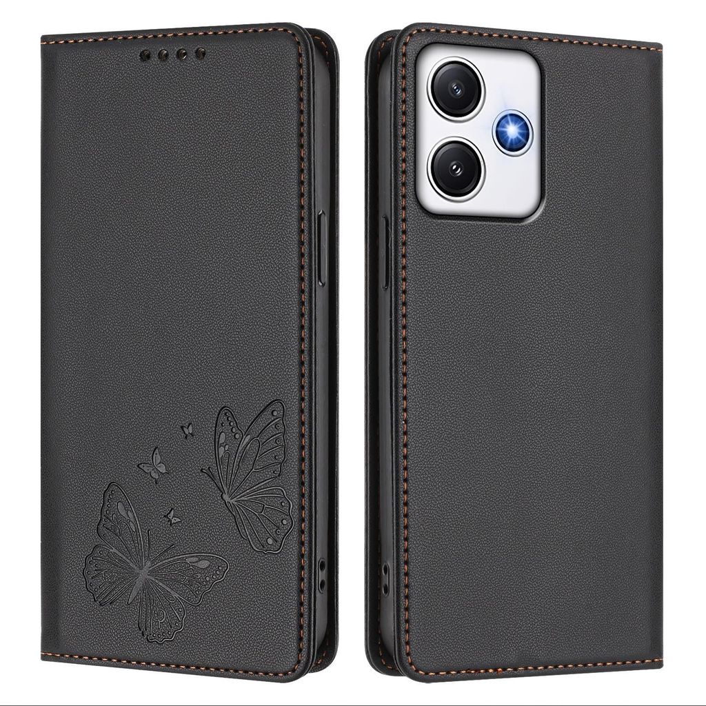 Lederhülle für Xiaomi Poco M6 Pro 5G/Redmi 12 4G/5G, Schmetterling Prägung Leder Brieftasche Schutzhülle mit Ständer Schwarz