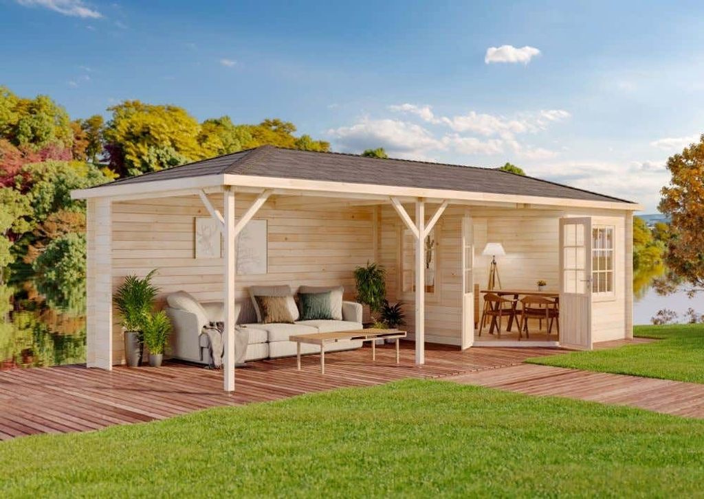 Alpholz Gartenhaus Mississippi Gartenhaus aus Holz, Holzhaus mit 34 mm Wandstärke inklusive Terrasse, Blockbohlenhaus mit Montagematerial