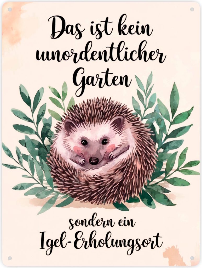 Igel-Erholungsort Metallschild XXL in 28x38 cm mit Blättern