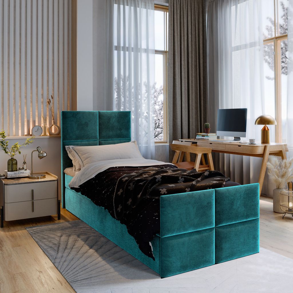Masseno Boxspringbett ARIEL 90 90x200 cm Komplett-Set mit Bonell Matratze und Topper, Polsterbett mit Bettkästen -Blau, KRONOS 13