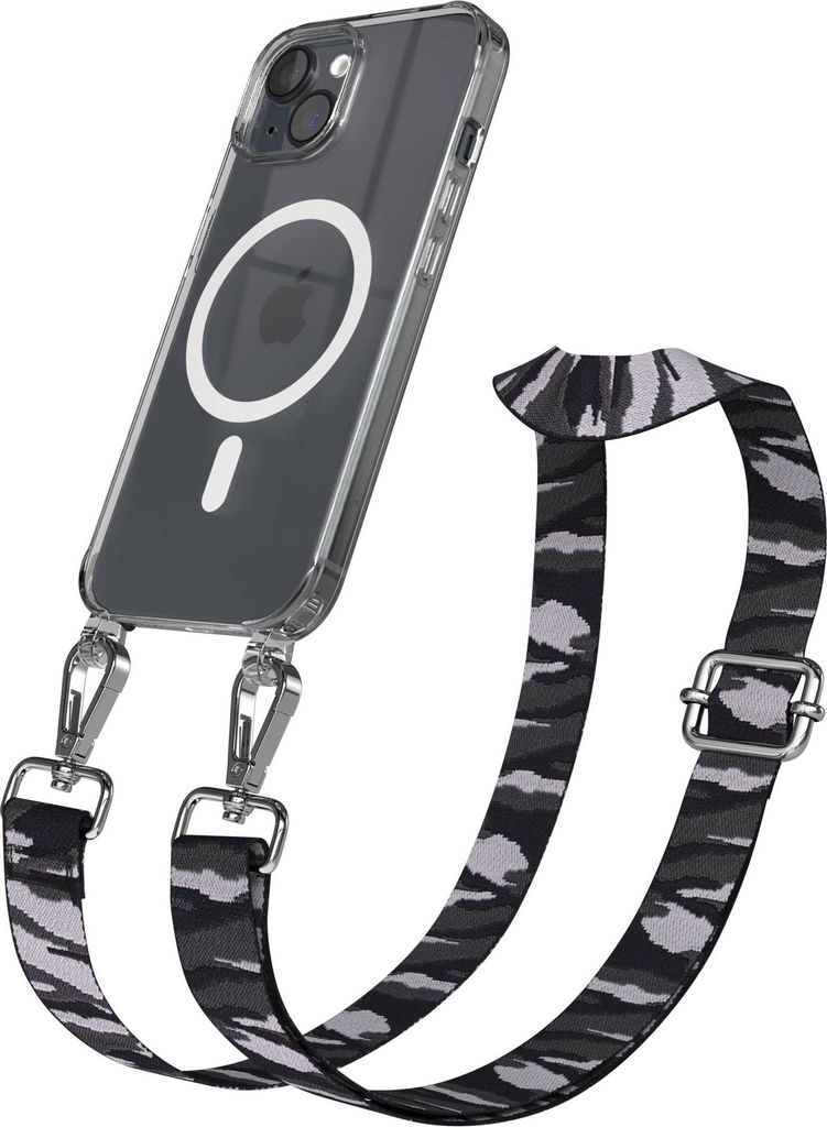EAZY CASE - Handykette mit MagSafe Hülle für Apple iPhone 15, Handyband Camouflage Style, Karabiner Silber, Umhängeband in Grau