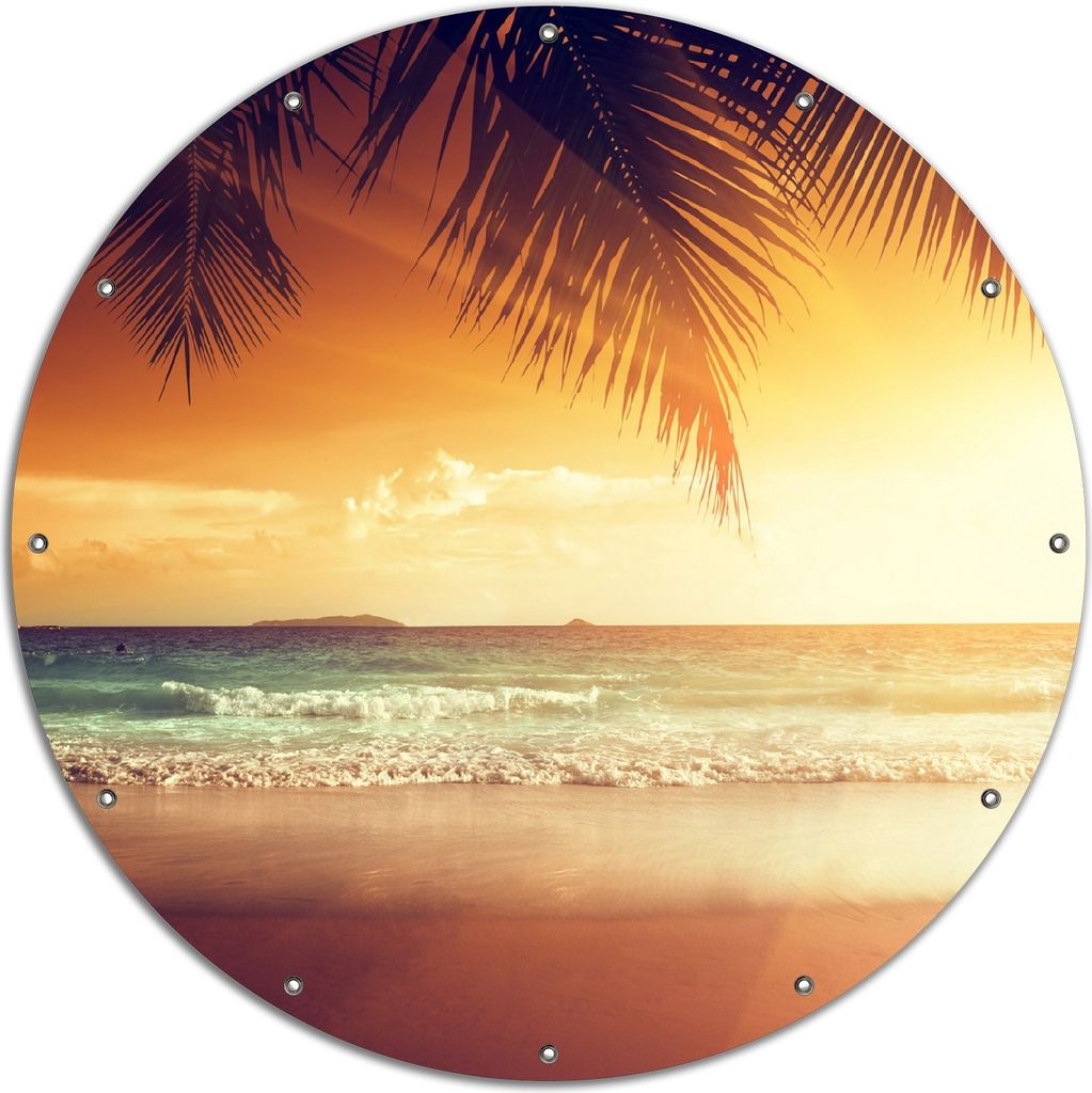 Wallario rundes Outdoor-Poster für Garten oder Balkon, Motiv Sonnenuntergang am Strand in der Karibik, 120 cm Durchmesser