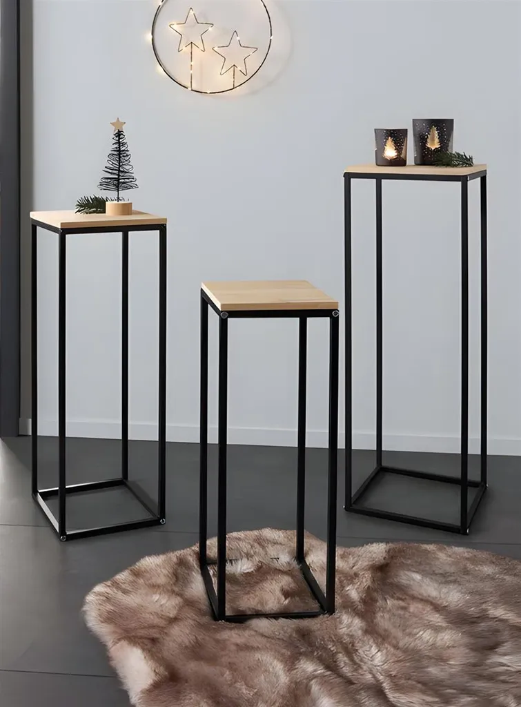 Porte-fleurs et supports déco pour salon, set de 3 tables d'appoint bois