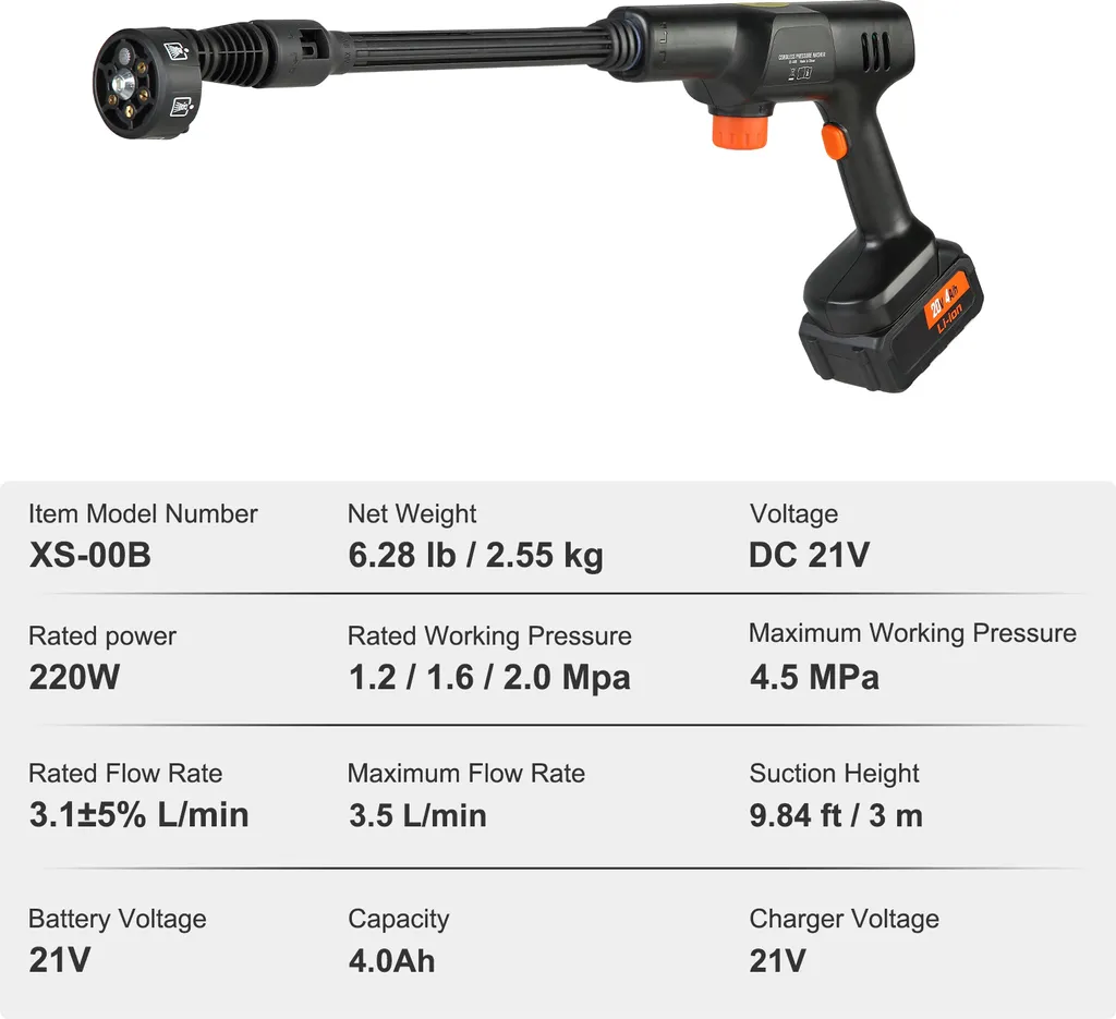 SucceBuy Idropulitrice a batteria, idropulitrice portatile 652-PSI 1.0 GPM, pistola a mano per lavaggio auto ad alta pressione con batteria da 4.0Ah e caricatore, ugello 6-in-1, per la pulizia della casa e dei pavimenti - 7