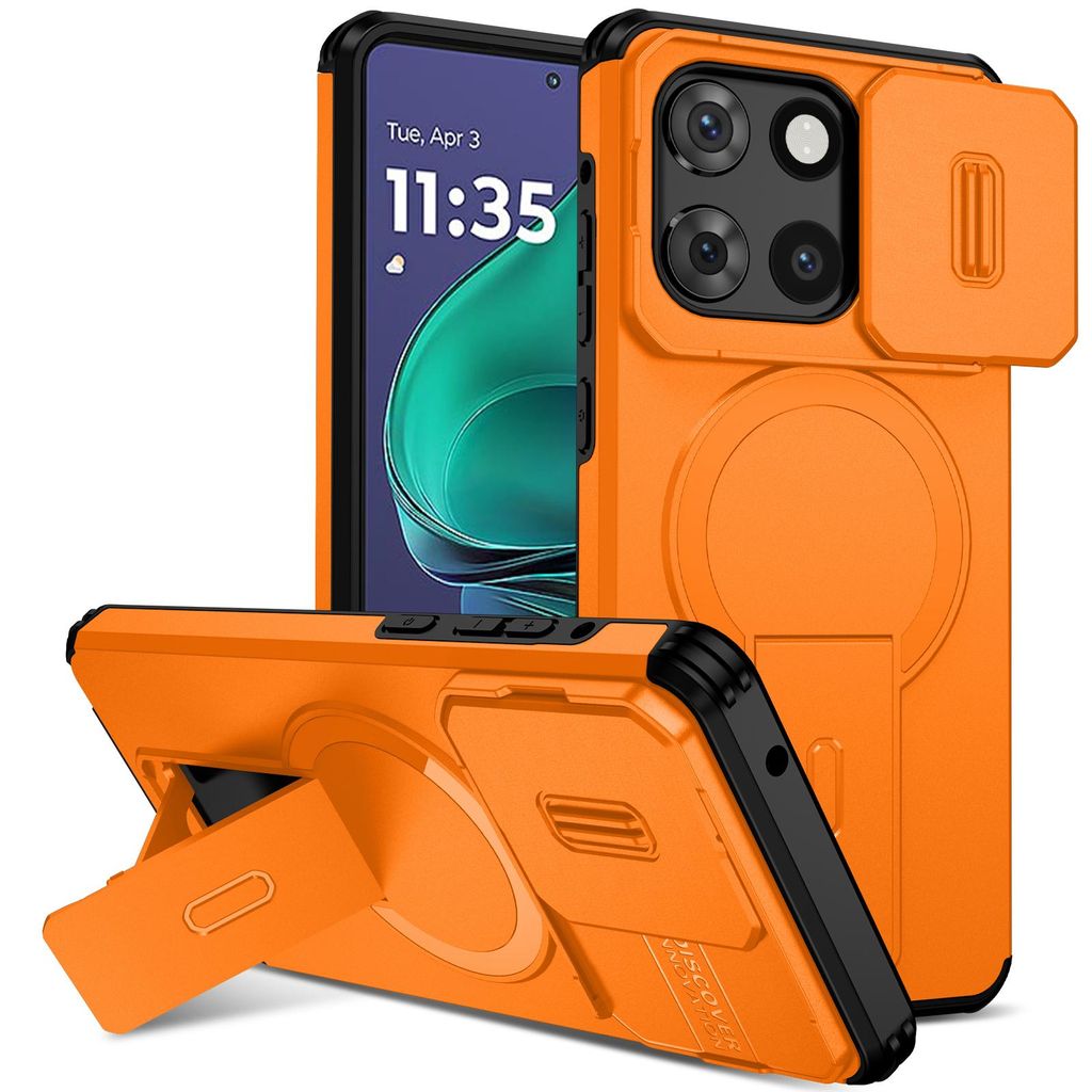 Magnetisch Hülle für Motorola Moto G Stylus 2025, Dual Layer Stoßfest Handyhülle mit Dia Kameraschutz, Verstellbarem Ständer Orange
