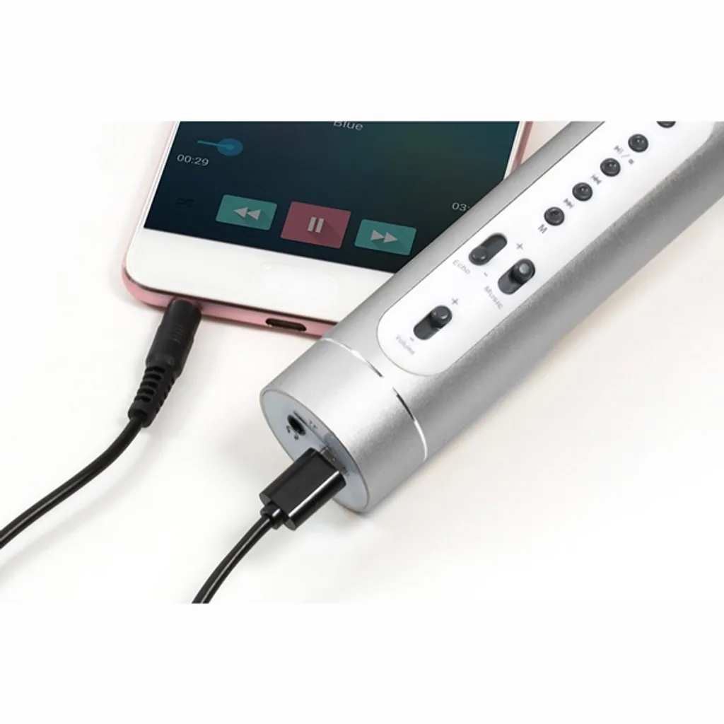 Microphone Karaoké Bluetooth Argenté avec Câble USB et Port Pile - 3