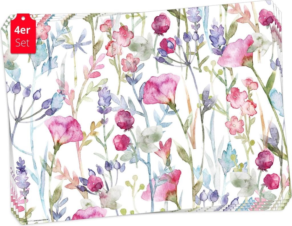 Tischsets | Platzsets abwaschbar – Wildblumen Aquarell – aus Premium Vinyl (Kunststoff – BPA-frei) - 4 Stück - 44 x 32 cm - Germany