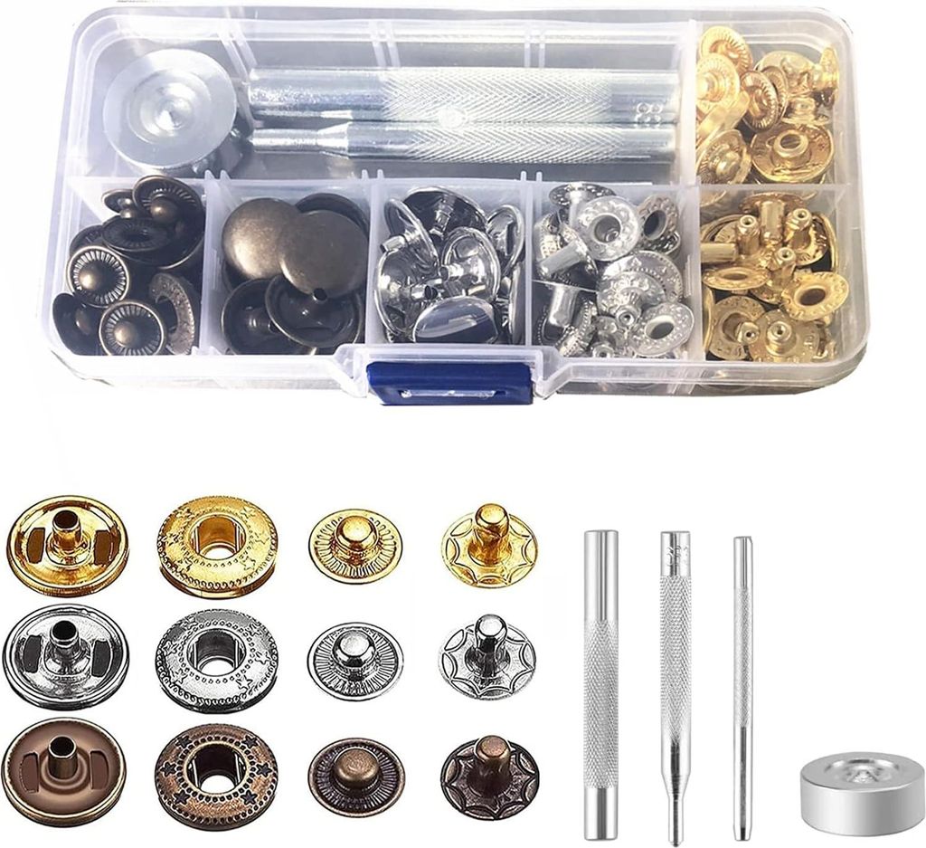 Metallene Druckknöpfe aus Leder - 30 Sets mit 4 Stück Werkzeug - 15 mm