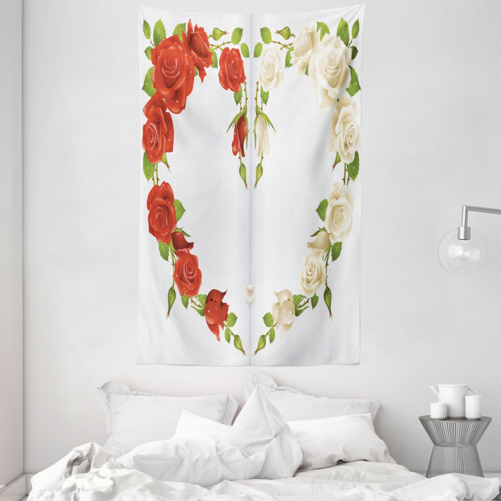 ABAKUHAUS Rose Wandteppich und Tagesdecke, Herz-Blumenstrauß Romantische aus Weiches Mikrofaser Stoff Waschbar ohne Verblassen Digitaldruck, 140 x...