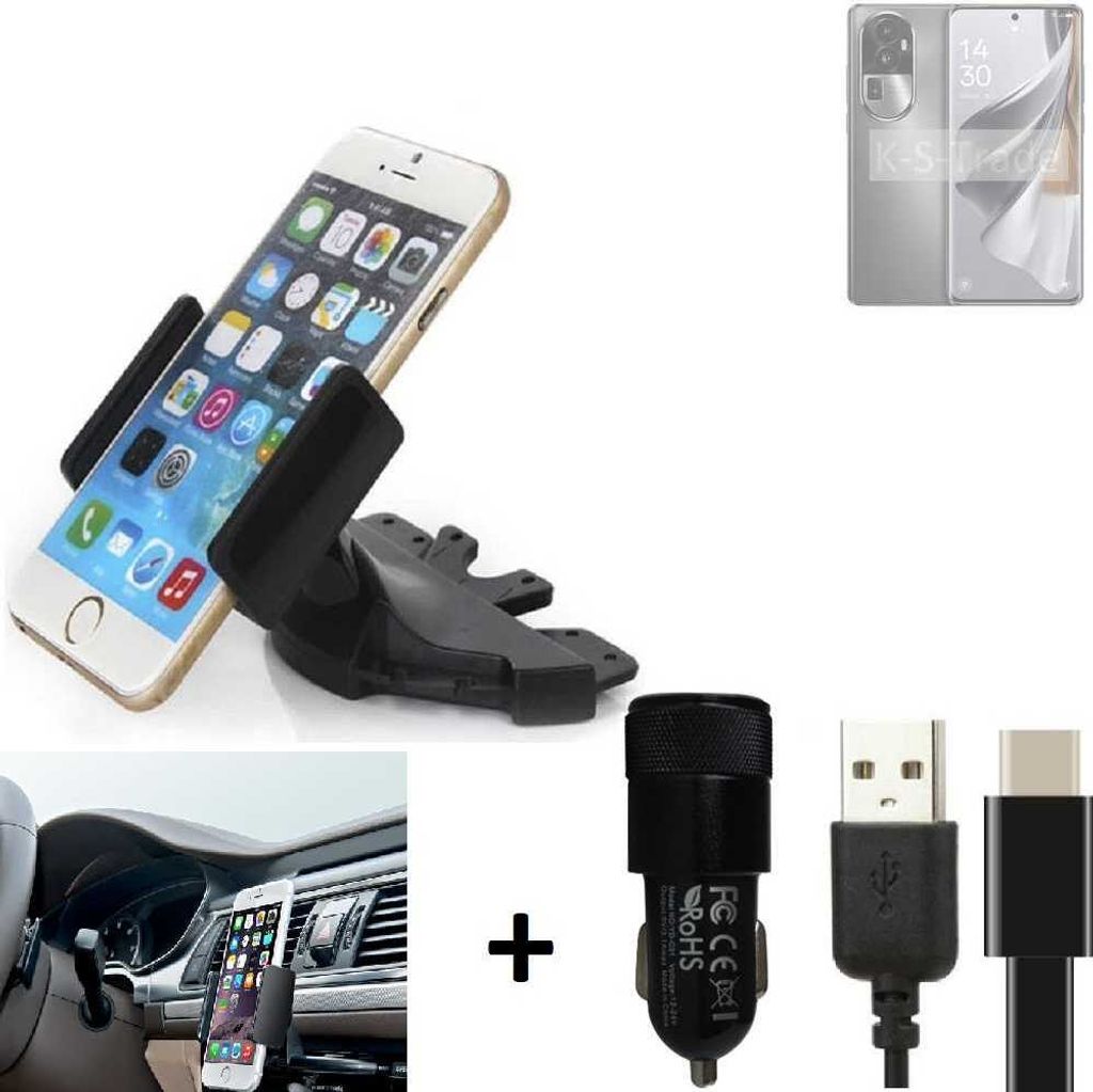 K-S-Trade CD Schlitz Handy-Halterung kompatibel mit Oppo Reno10 Pro+ Autohalterung KFZ-Halter Radio Handy Halterung 360° drehbar CD-Schacht inkl.