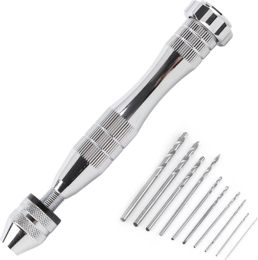 Handbohrmaschine mit großem Spannbereich, silberfarben, inklusive 10 HHS-Bohrern, Holzbohrwerkzeug