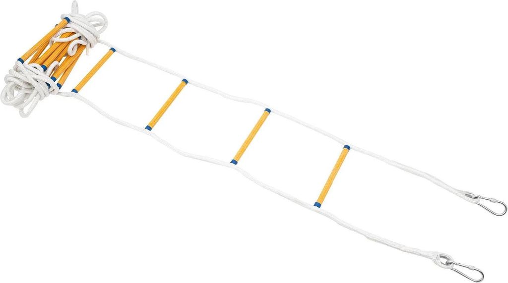 Notfluchtleiter - Feuerrettungs-Seilleiter - 10 m Länge - Seil 18 mm - 200 kg Traglast - 2 Haken - PP/Kunststoff, Manganstahl - Schneller Einsatz