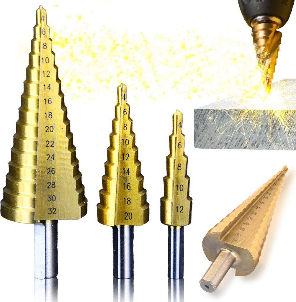 WIERTŁA STOŻKOWE STOPNIOWE DO METALU ZESTAW 4-12 mm, 4-20 Zdjęcie produktu 