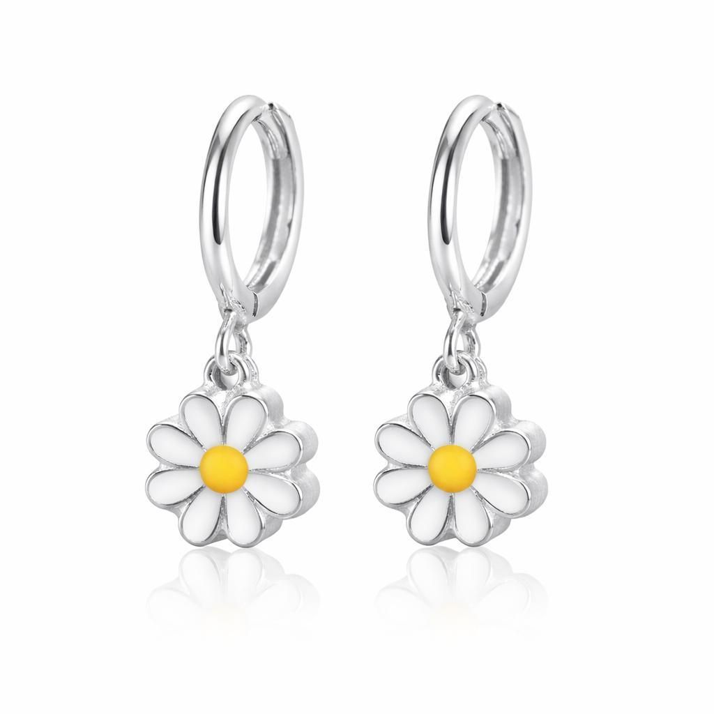 Damen Creolen Ohrringe Gänseblümchen Silberfarben Anhänger Sommer Schmuck J0792