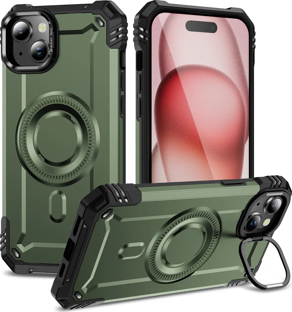 Custodia Magnetica iPhone 15 Verde - Protezione Militare N52 con Stand