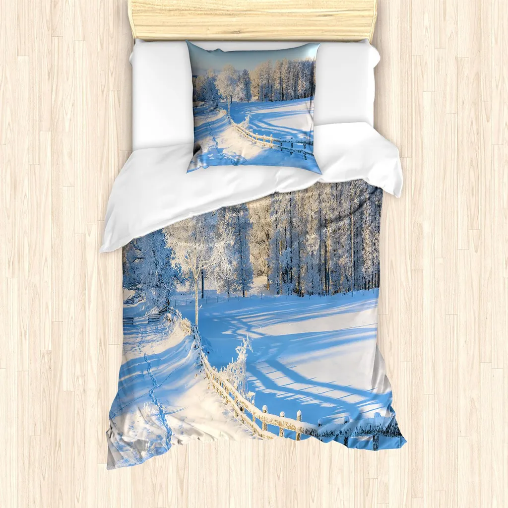 Housse de Couette 135x200 Anti-Plis Motif Neige et Pin Haute Qualité