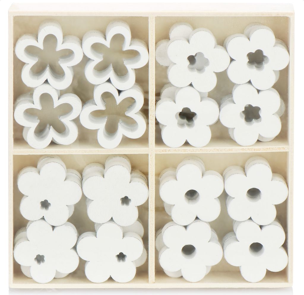 com-four 32x Blume Streudeko - Kleine Blumen aus Holz in vier Designs - Holz-Blüten für Tischdeko und Frühlingsdekoration