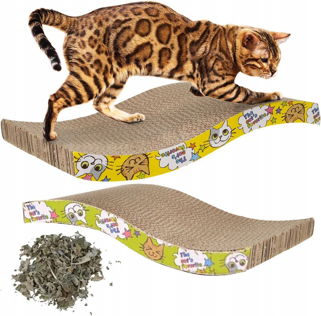 A Bengal cat is shown on a cardboard scratching board, with a pile of dried herbs next to a second scratching board.