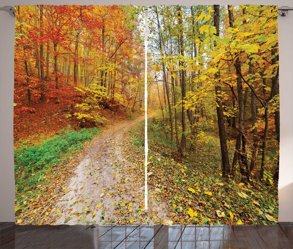 ABAKUHAUS Fallen Rustikaler Gardine, Bunte Herbstlandschaft, Schlafzimmer Kräuselband Vorhang mit Schlaufen und Haken, 280 x 225 cm, grüne Vermilion