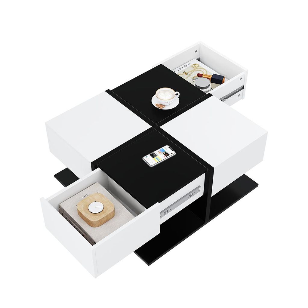 Couchtisch mit 2 Schubladen Quadratischer Hochglanz Multifunktionstisch Beistelltisch 70×70×35,5cm Schwarz+Weiß