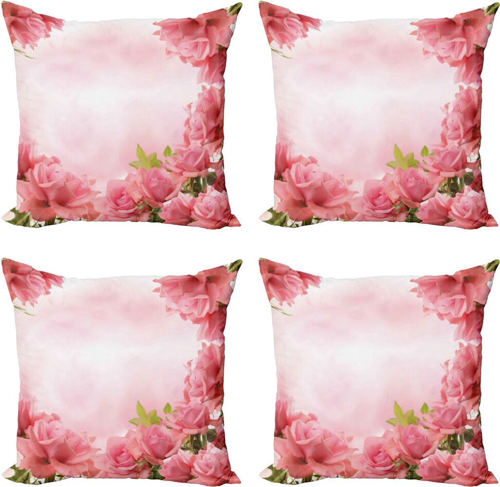 ABAKUHAUS Valentine Kissenbezug Set (4 Stück), Romantische Rosen Braut, Moderner Doppelseitiger Digitaldruck, 50 cm x 50 cm, Rosa Coral Grün