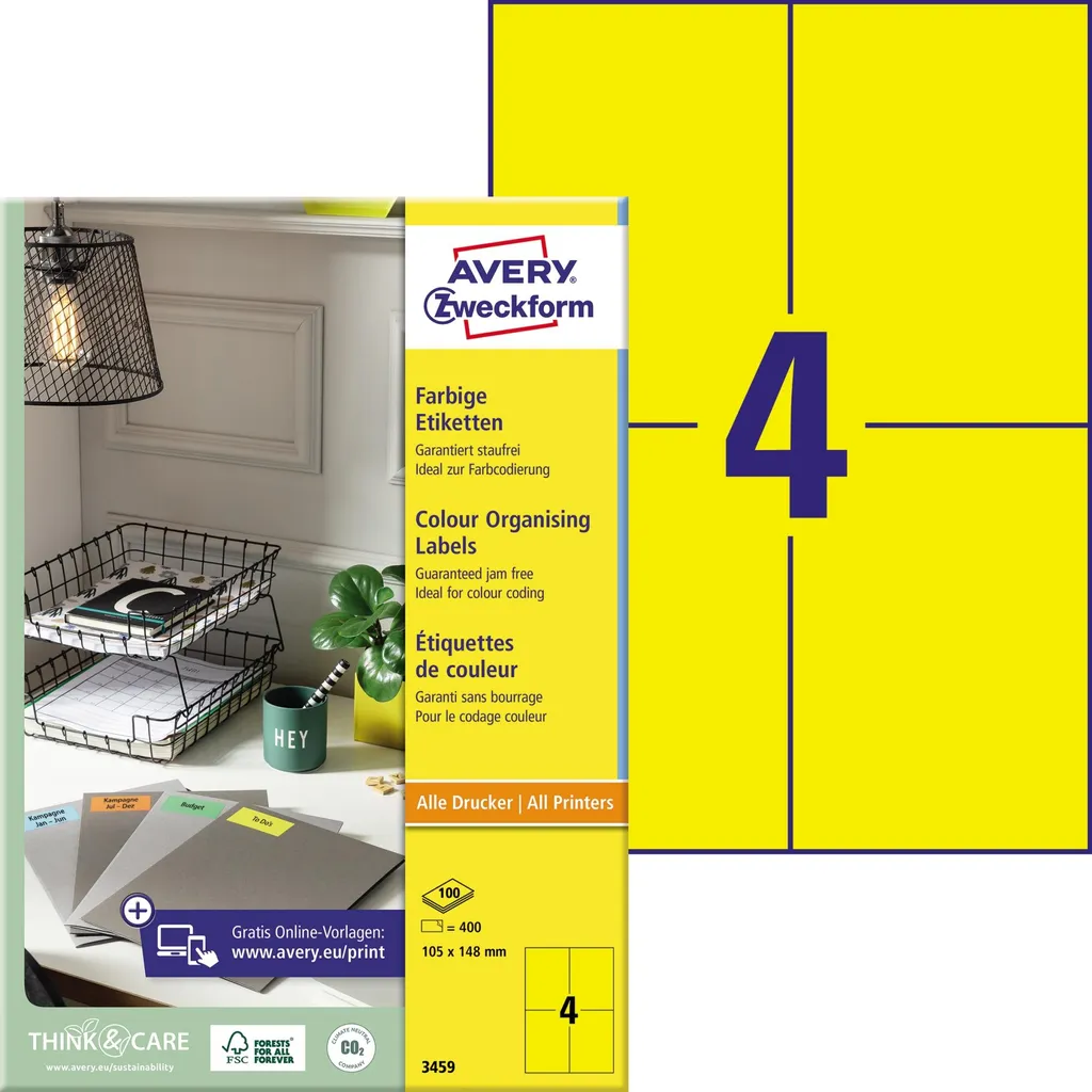 Avery 3459 Etichette Gialle A4 105x148mm - 400 Pezzi per Ufficio - 3