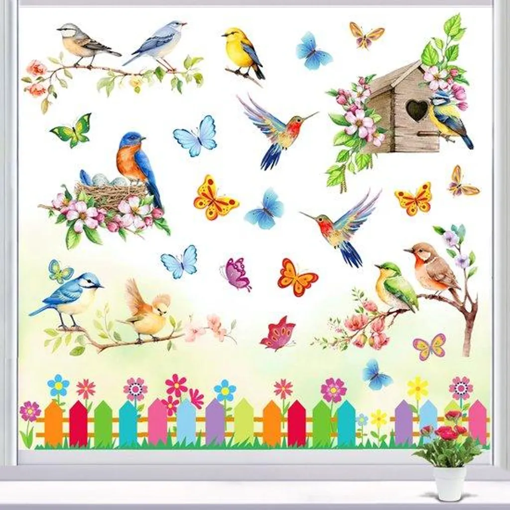 Autocollants Fenêtre Printemps Raoclay - Lot de 9 Feuilles Oiseaux Fleurs