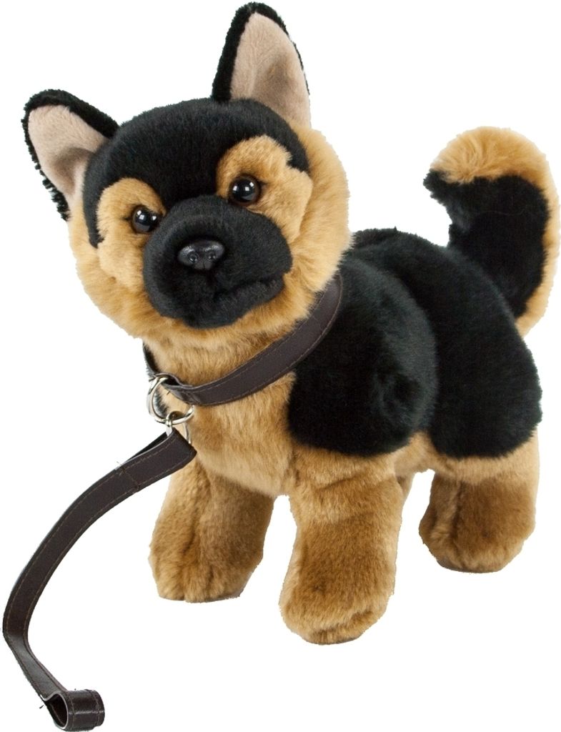 A plush toy German Shepherd dog standing with a leash.