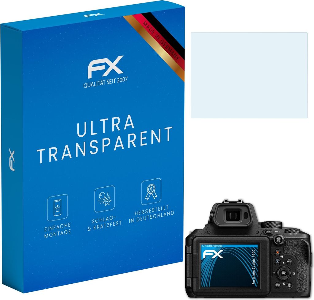 atFoliX FX-Clear 3x Schutzfolie kompatibel mit Nikon Coolpix P950 Displayschutzfolie