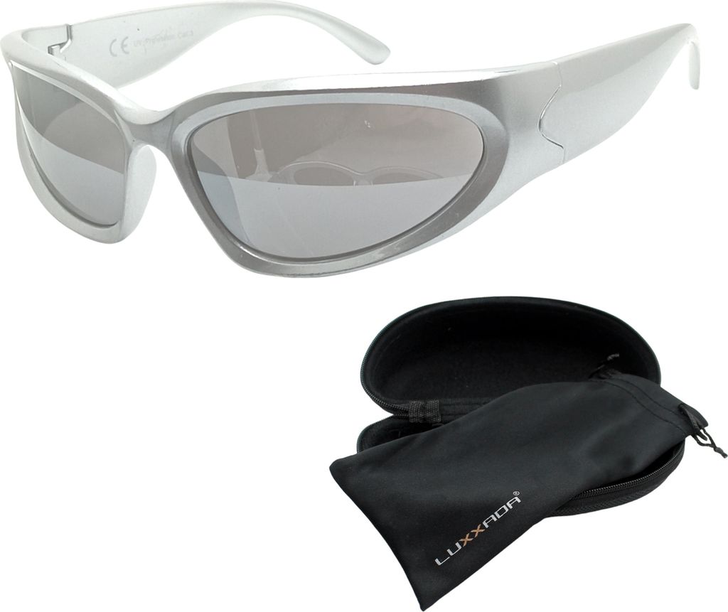 Schnelle Brille Sonnenbrille Silber Verspiegelt Sportbrille Raverbrille Festivalbrille Technobrille mit Hardcase Luxxada
